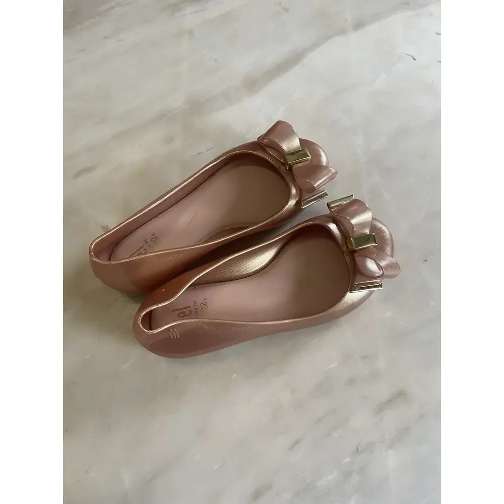 Mini melissa Mel dreamed by melissa rose gold Pink Bow Flat Ballet Girls us 11